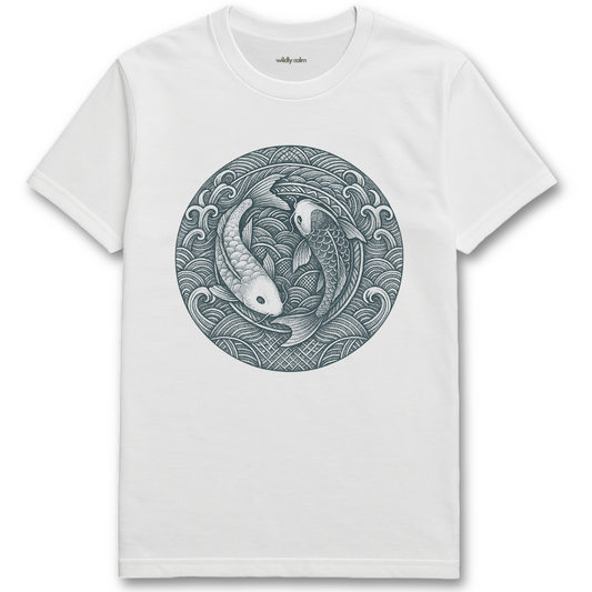 Eternal Koi Harmony Mandala White yoga t-shirt with a black and white fish design on a white background