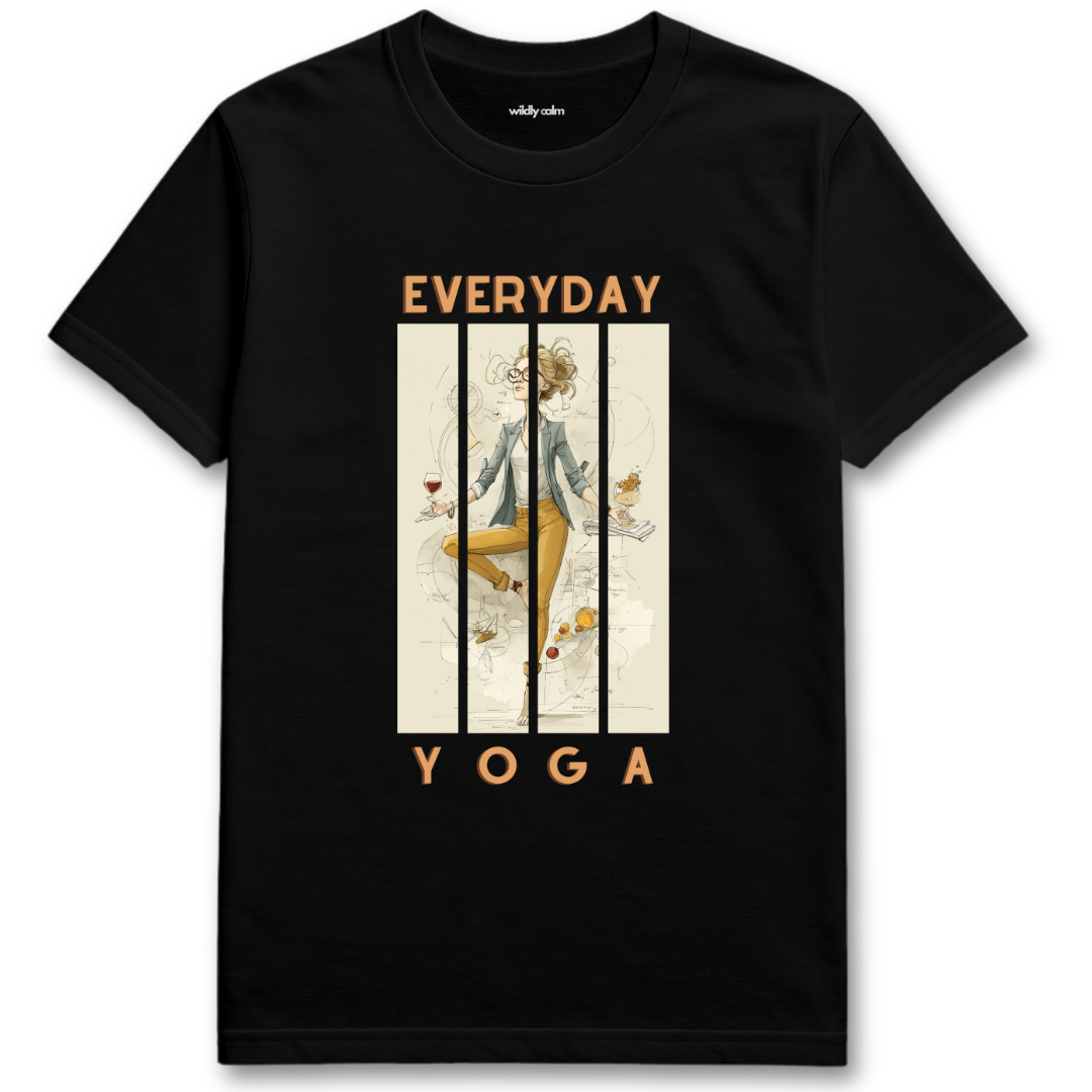 Black t-shirt with 'Everyday Yoga' graphic design - wildly calm