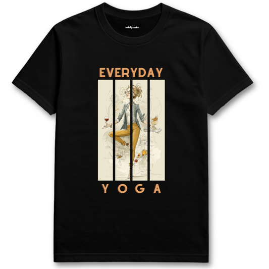 Black t-shirt with 'Everyday Yoga' graphic design - wildly calm