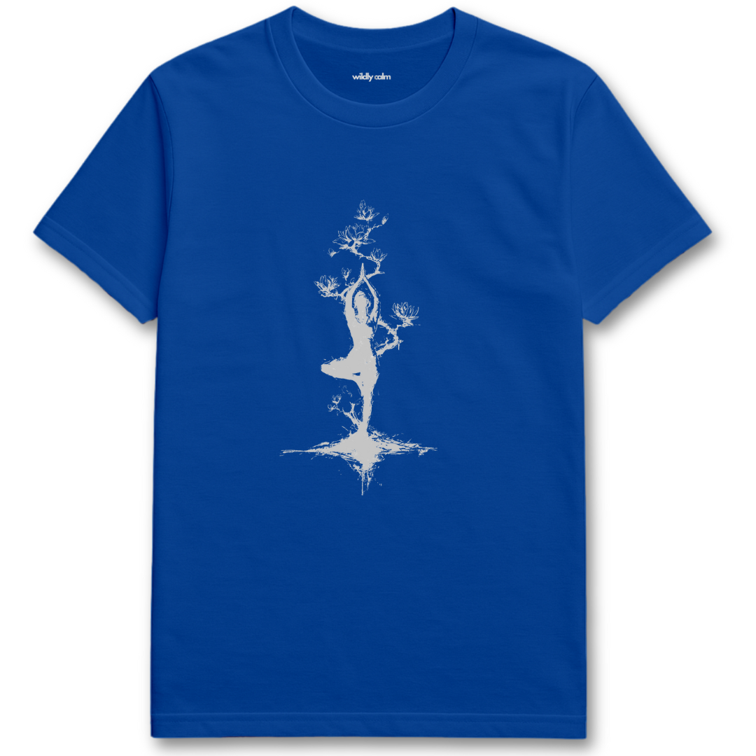 Find me in tree pose_Royal Blue yoga t-shirt with white graphic design - wildly calm