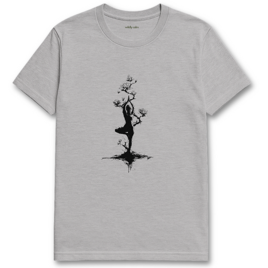 Find me in tree pose_sports greue yoga t-shirt with white graphic design - wildly calm