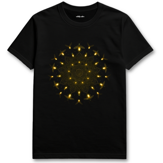 Wildly Calm_Firefly Mandala Black yoga t-shirt with a yellow geometric pattern on a white background