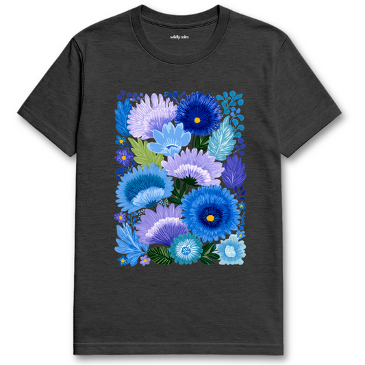 Floral Bliss_Heather Dark Grey t-shirt with a colorful floral design - wildly calm