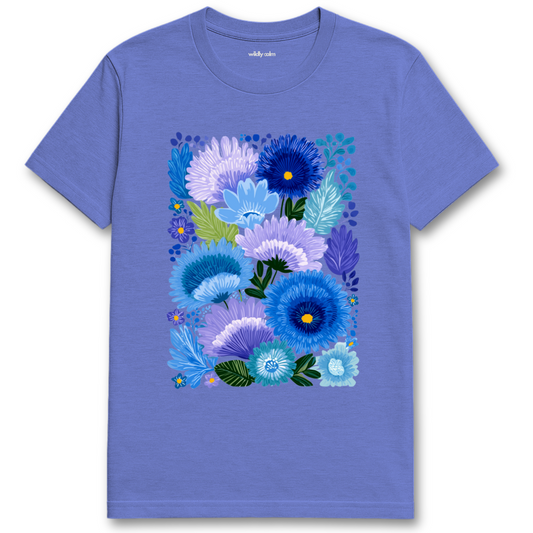 Floral Bliss_Heather Royal t-shirt with a colorful floral design - wildly calm