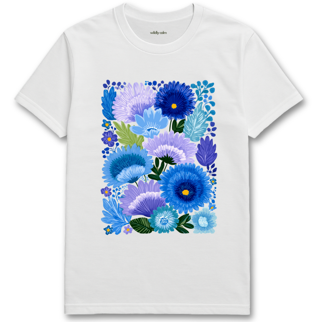 Floral Bliss_white t-shirt with a colorful floral design - wildly calm
