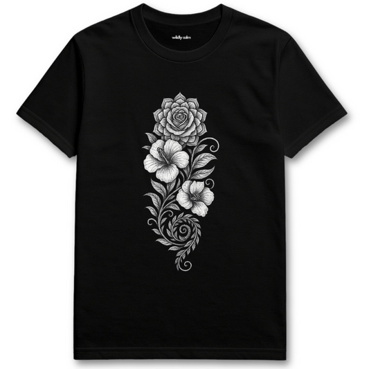 Black Floral Fantasy t-shirt with floral design - Wildly Calm