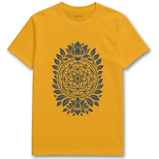 Wildly Calm_Floral Whorl Mandala Gold yogat-shirt with blue geometric design on a white background