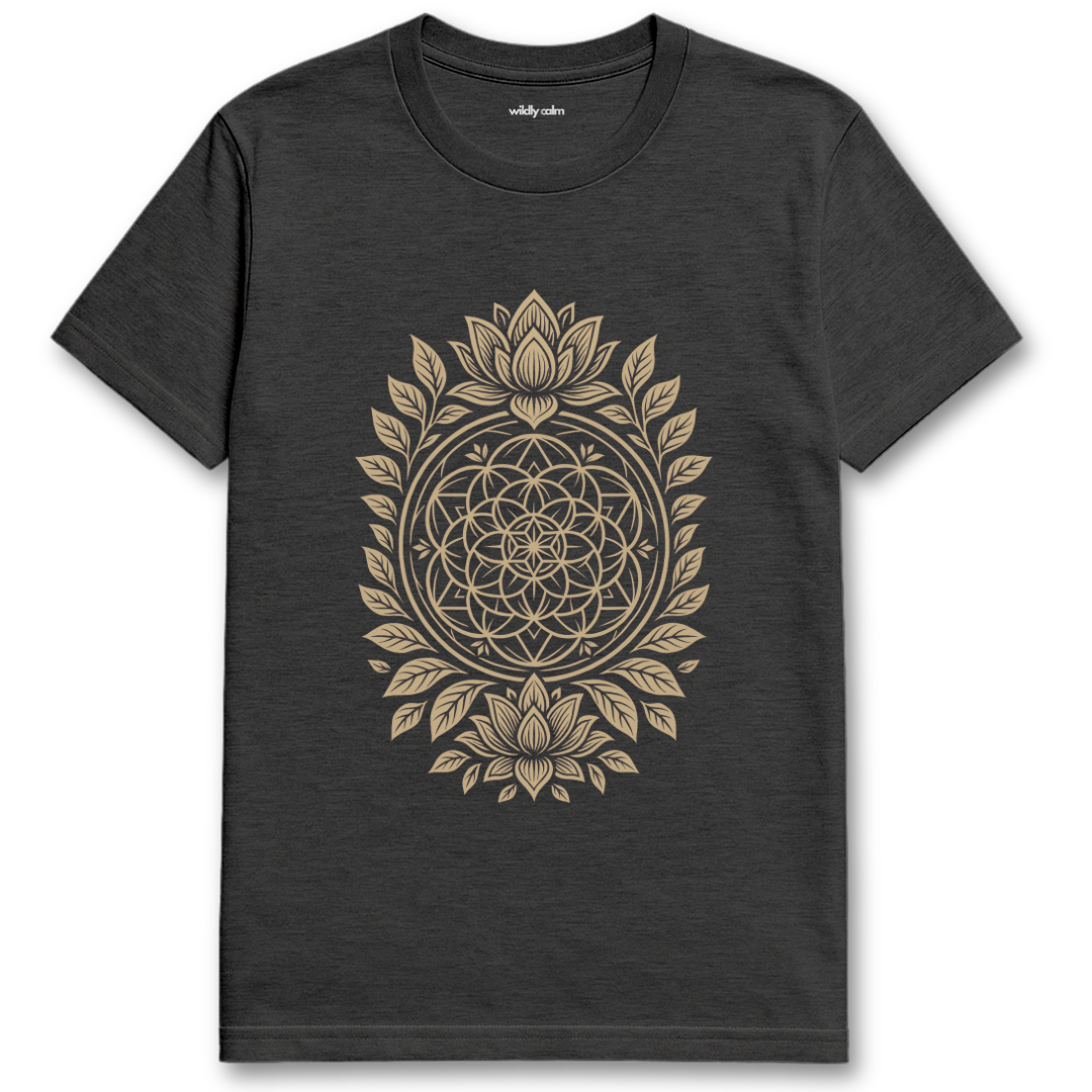Wildly Calm_Floral Whorl Mandala black yogat-shirt with gold geometric design on a white background