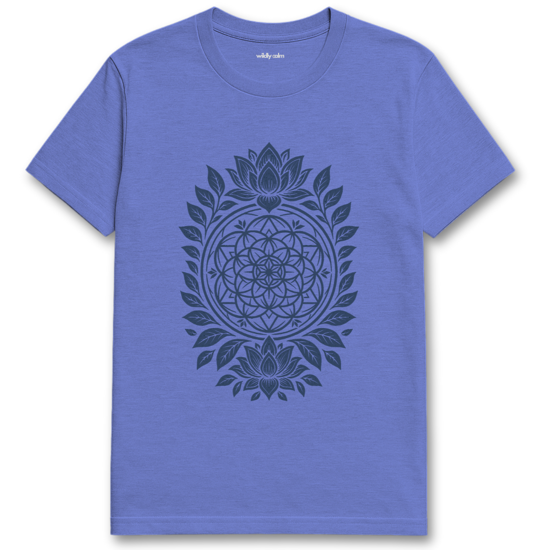 Wildly Calm_Floral Whorl Mandala heather royal blue yogat-shirt with blue geometric design on a white background