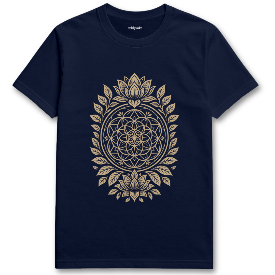 Wildly Calm_Floral Whorl Mandala Navy blue yogat-shirt with gold geometric design on a white background