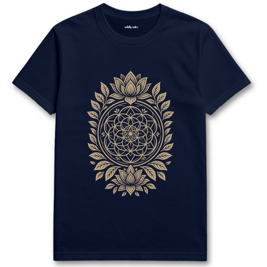 Wildly Calm_Floral Whorl Mandala Navy blue yogat-shirt with gold geometric design on a white background