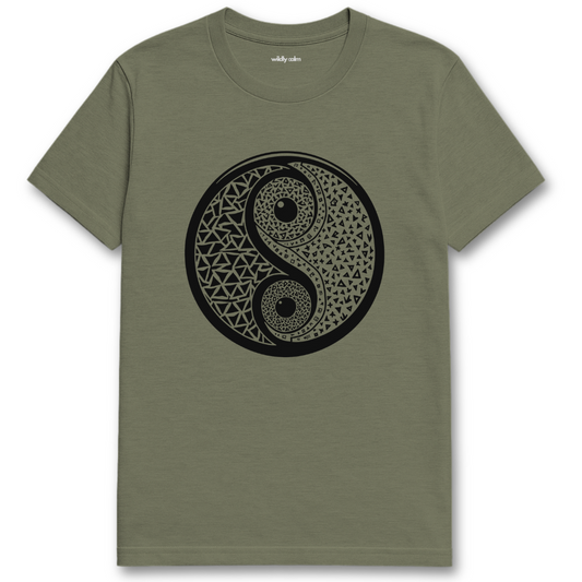 Geometric Harmony_Heather Military Green t-shirt with a black yin yang symbol design on a white background for yoga -Wildly calm
