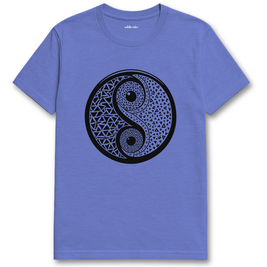 Geometric Harmony_Heather Royal t-shirt with a black yin yang symbol design on a white background for yoga -Wildly calm