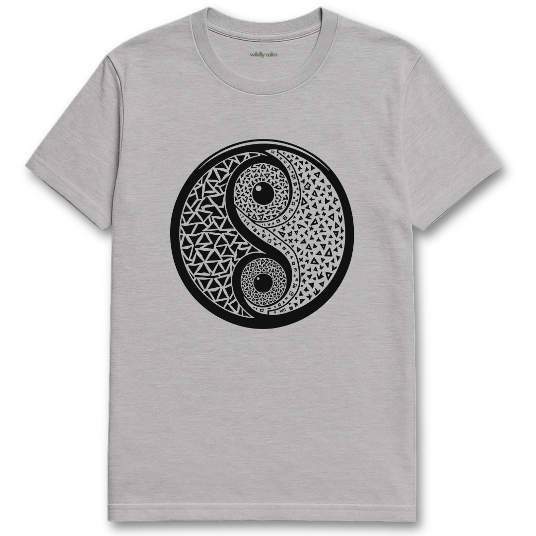 Geometric Harmony_Sports Grey t-shirt with a black yin yang symbol design on a white background for yoga -Wildly calm