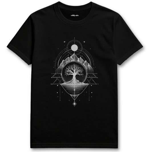 Geometry of Life Tree Black yoga t-shirt with green tree design - wildly calm