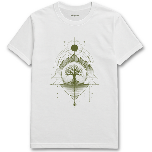 Geometry of Life Tree White yoga t-shirt with green tree design - wildly calm