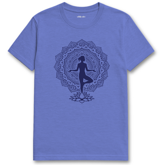Graceful Meditation Mandala_Heather Royal yoga t-shirt with a black mandala design featuring a silhouette of a person on a white background