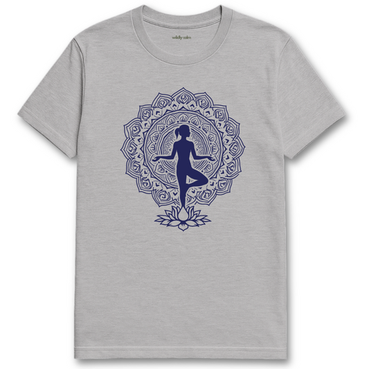 Graceful Meditation Mandala_SportsGrey yoga t-shirt with a black mandala design featuring a silhouette of a person on a white background