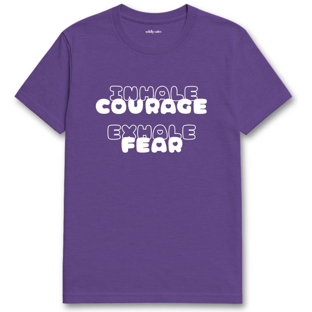heather purple yoga t-shirt with white text 'INHALE COURAGE EXHALE FEAR'-wildly calm