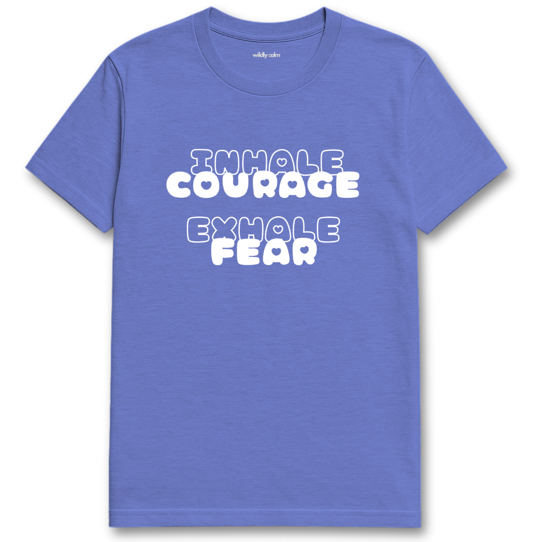 heather royal Blue yoga t-shirt with white text 'INHALE COURAGE EXHALE FEAR'-wildly calm
