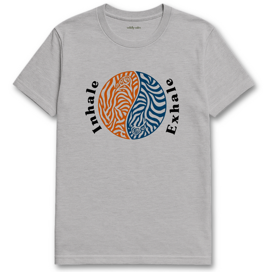 Inhale Exhale_Sports Grey yoga t-shirt with 'Inhale Exhale' design featuring zebra patterns - wildly calm