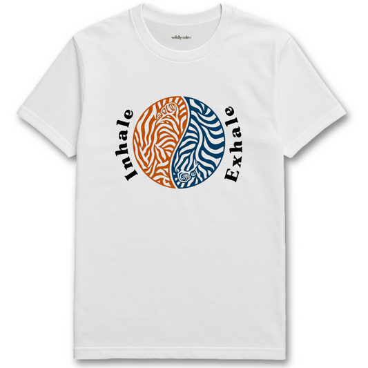 Inhale Exhale_white yoga t-shirt with 'Inhale Exhale' design featuring zebra patterns - wildly calm