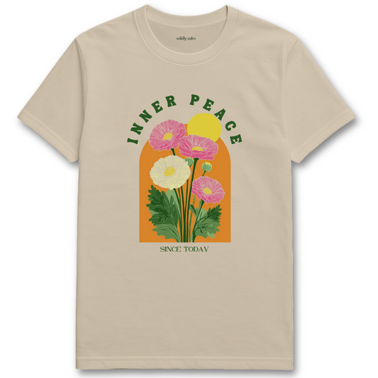 InnerPeace Floral_Sand yoga t-shirt with floral design and 'Inner Peace Since Today' text - wildly calm