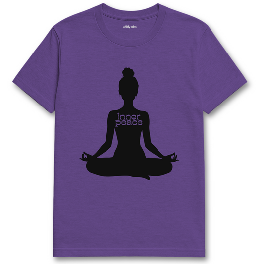 heather Purple t-shirt with a black silhouette of a person in a meditative pose and 'Inner Peace' text - wildly calm
