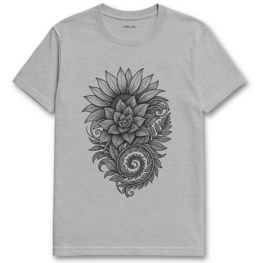 Sports Grey Interwoven Botanical Piece t-shirt with black floral design on a white background for yoga Wildly Calm