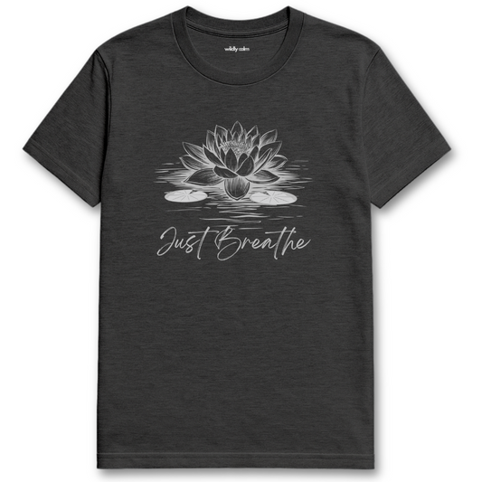Just Breathe Lotus_Dark Heather Grey t-shirt with a lotus flower design and 'Just Breathe' text for Yoga - Wildly Calm