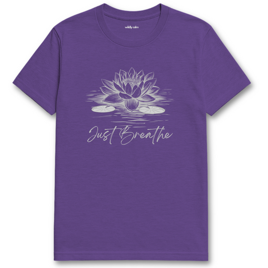 Just Breathe Lotus_Heather Purple t-shirt with a lotus flower design and 'Just Breathe' text for Yoga - Wildly Calm