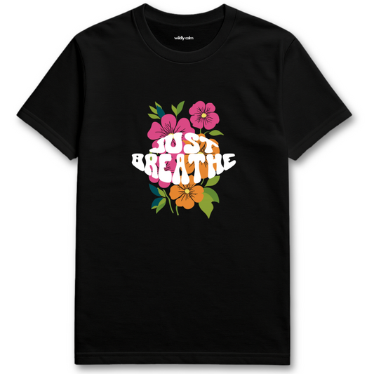 Black yoga t-shirt with 'Just Breathe' text and floral design -wildly calm