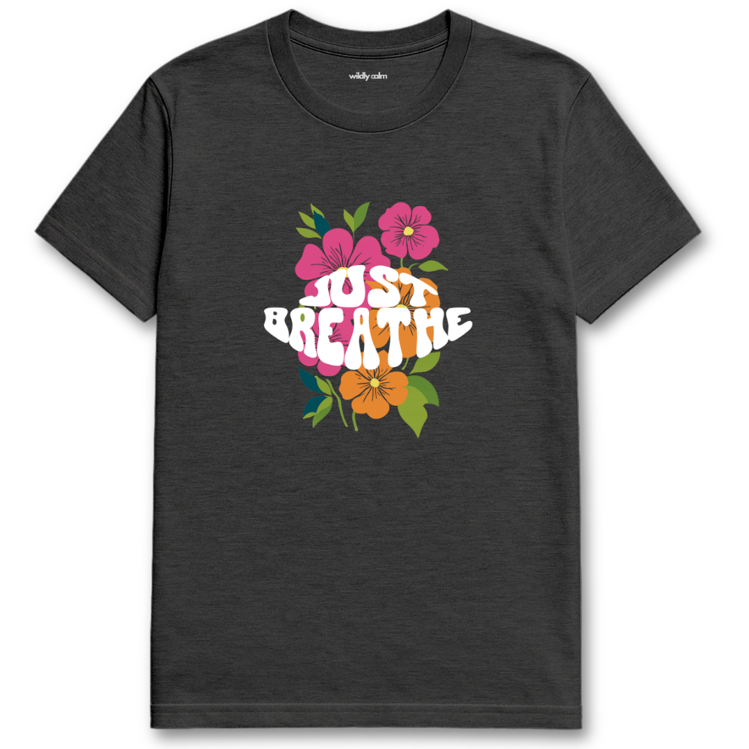 Heather Dark Grey yoga t-shirt with 'Just Breathe' text and floral design -wildly calm