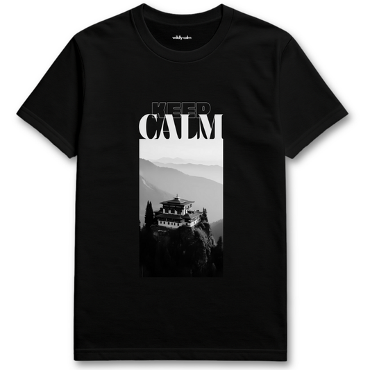 Black yoga t-shirt with a mountain and temple graphic and 'Keep Calm' text - Wildly Calm