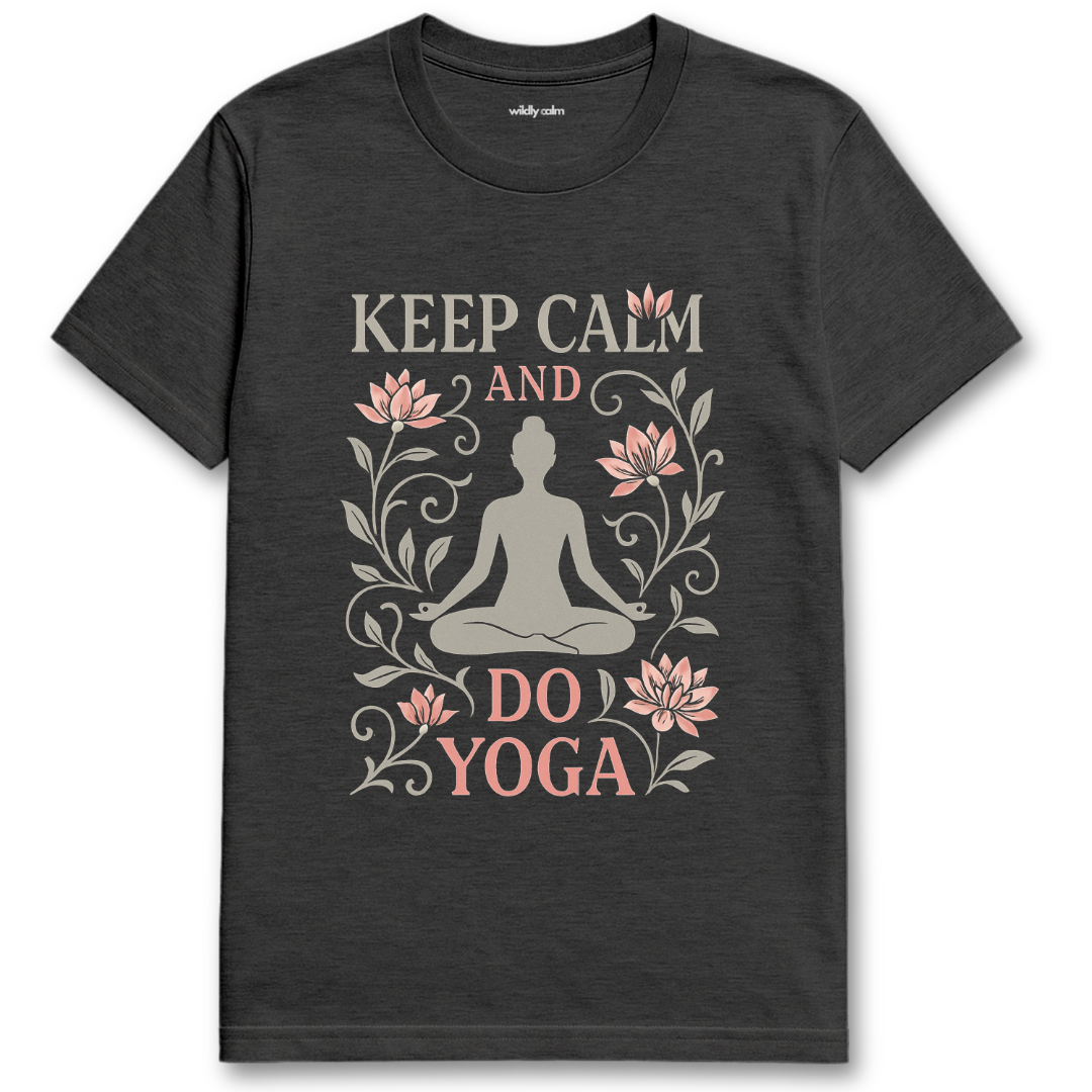Keep Calm and Do Yoga_Heather dark grey yoga t-shirt with yoga-themed design and text - wildly calm