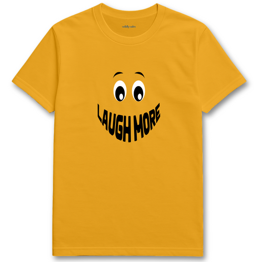 gold yoga t-shirt with a smiley face and 'LAUGH MORE' text - wildly calm