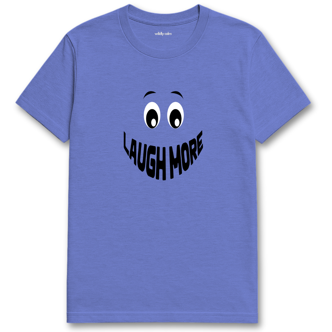 Heather royal blue yoga t-shirt with a smiley face and 'LAUGH MORE' text - wildly calm