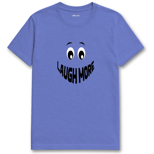 Heather royal blue yoga t-shirt with a smiley face and 'LAUGH MORE' text - wildly calm