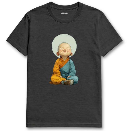 Laughing Buddha_Heather Dark Grey t-shirt with a cartoon character design on a white background for yoga