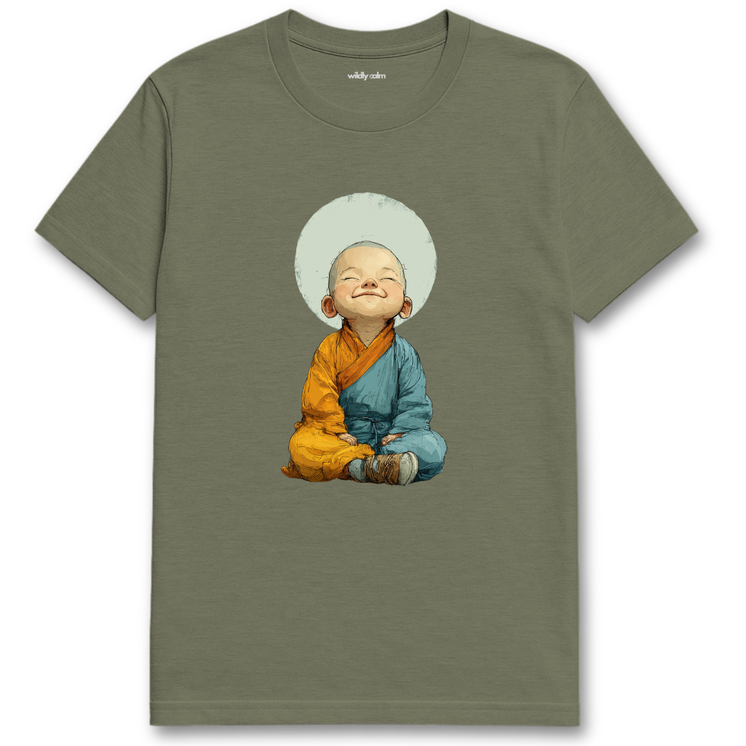 Laughing Buddha_Heather Military Green t-shirt with a cartoon character design on a white background for yoga