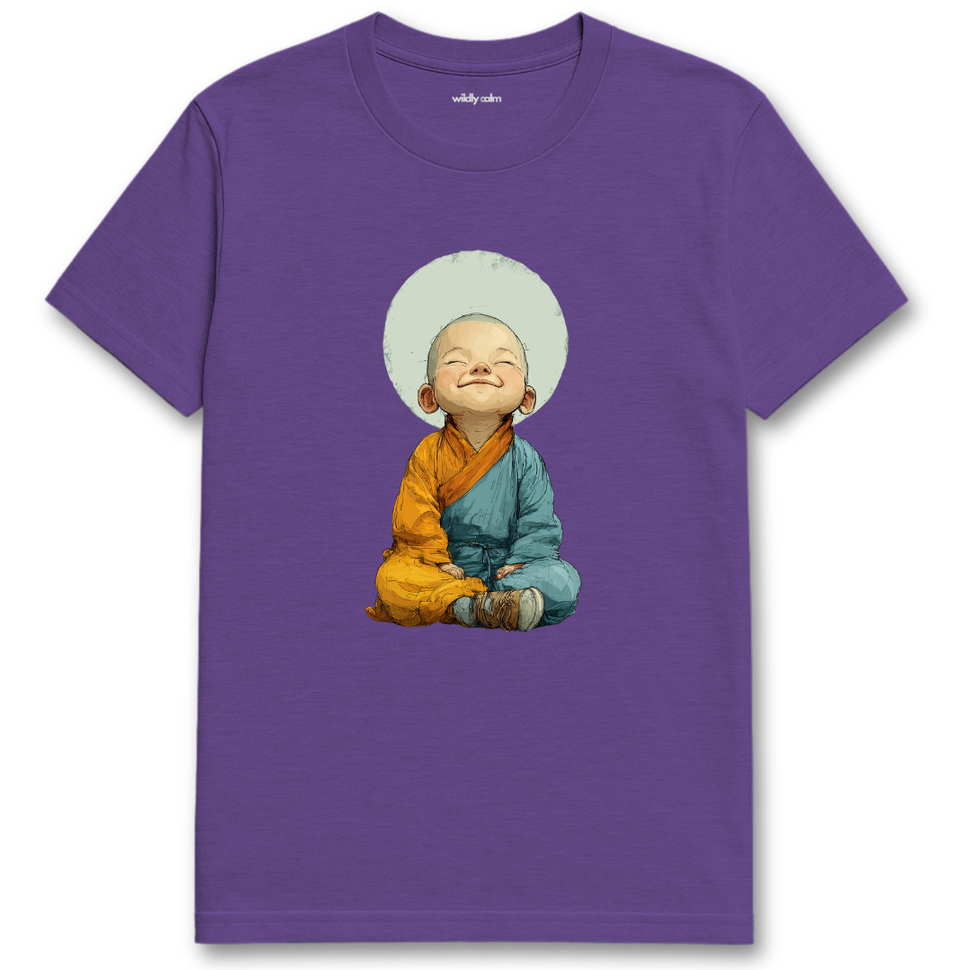 Laughing Buddha_Heather Purple t-shirt with a cartoon character design on a white background for yoga