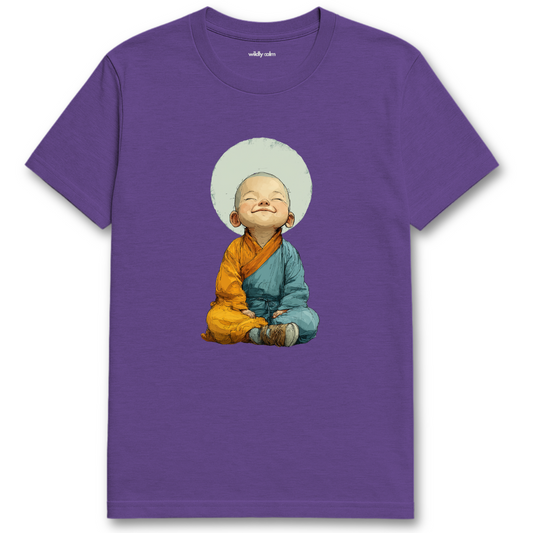 Laughing Buddha_Heather Purple t-shirt with a cartoon character design on a white background for yoga