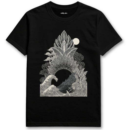 Leaf-Line Wave_black yoga t-shirt with black nature-themed graphic design - wildly calm