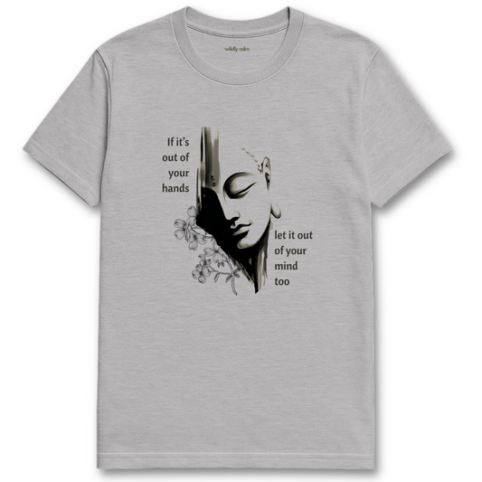 Let it out of mind_Sports Grey t-shirt with a graphic design and text on a white background for yoga