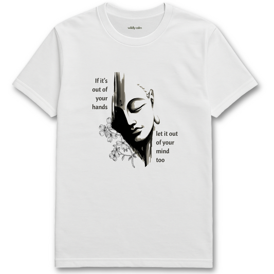 Let it out of mind_white t-shirt with a graphic design and text on a white background for yoga