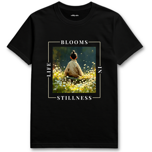 Life Blooms In Stillness Black yoga t-shirt with a graphic of a person sitting in a field and text 'BLOOMS LIFE STILLNESS' - wildly calm