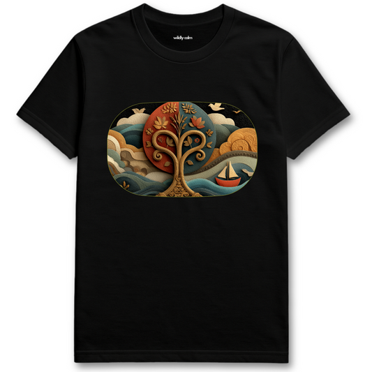 Life Tree_black yoga t-shirt with a colorful graphic design of a tree and sailboat - wildly calm