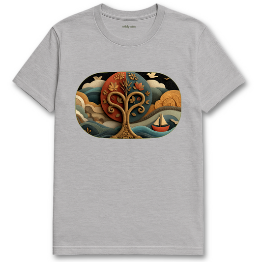 Life Tree_Sports Grey yoga t-shirt with a colorful graphic design of a tree and sailboat - wildly calm