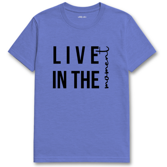 Heather royal blue yoga t-shirt with 'Live in the Moment' text - wildly calm