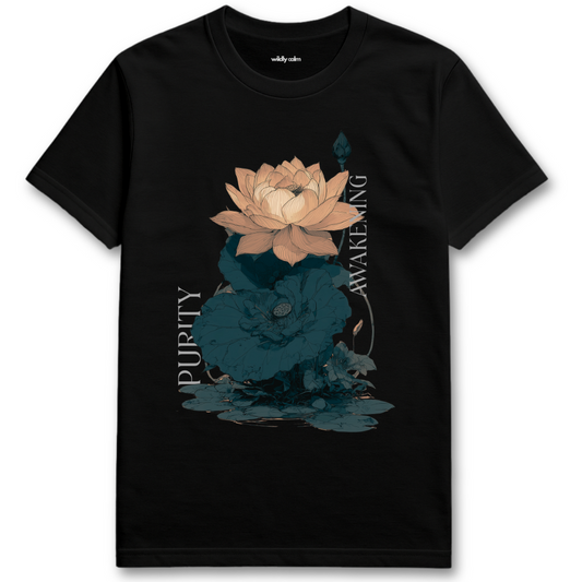 Lotus-Purity Awakening_Black t-shirt with a floral design and text for Yoga - Wildly Calm